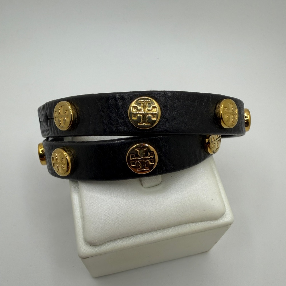 Tory Burch black leather and gold tone studded double wrap bracelet! - Picture 3 of 11